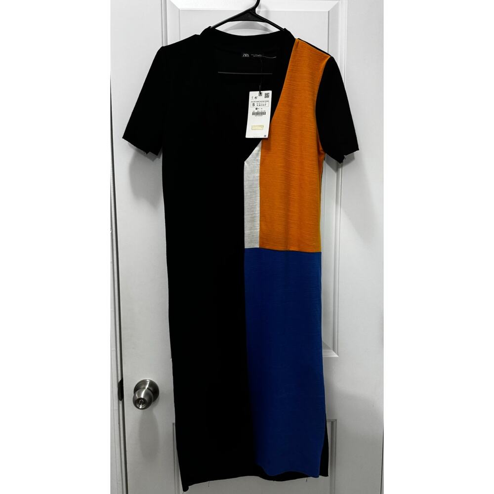 Zara Colorblock Midi Dress Womens Small Black Orange Blue NWT